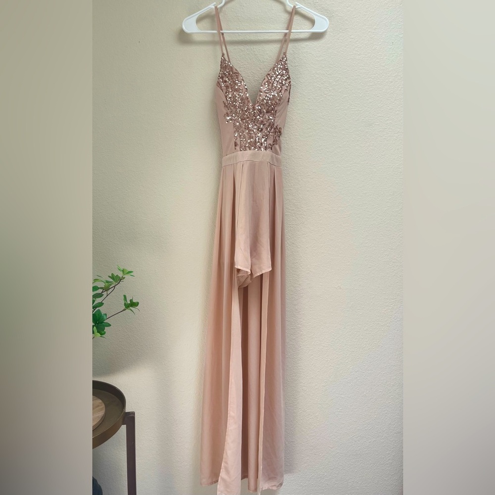 NWT Angel Biba Rose Gold Elegant Sequin Blush Pink Maxi Dress w/ Overlay, Size 8